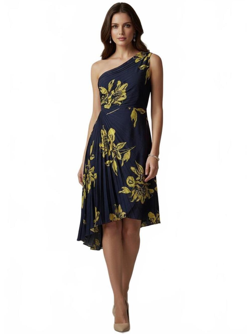 Nicole Miller One-Shoulder Pleated Dress 10 Navy Blue Asymmetrical Floral Cruise